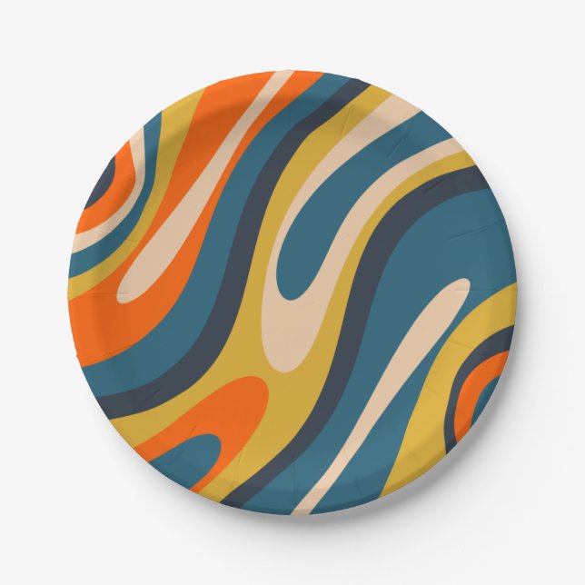 Wavy Loops Retro Abstract Pattern Blue Orange Paper Plates (Front)