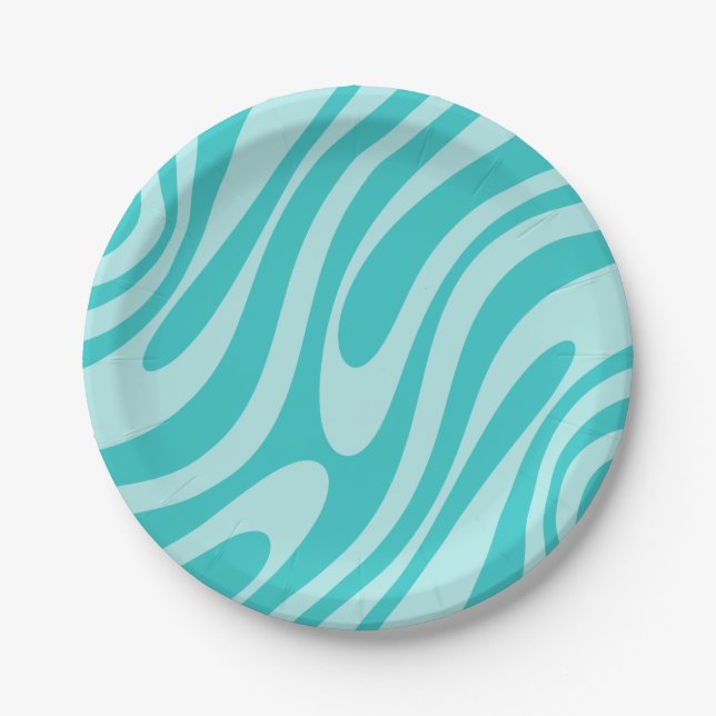 Wavy Loops Retro Abstract Pattern in Aqua Teal Paper Plates (Front)