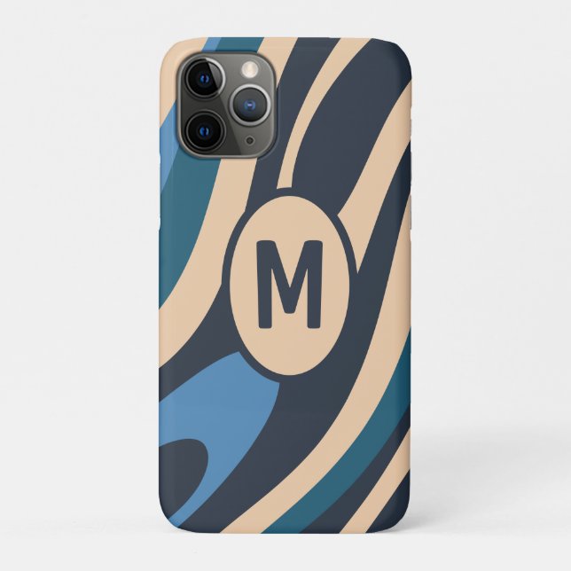 Wavy Loops Retro Abstract Pattern Initial Blue Case-Mate iPhone Case (Back)