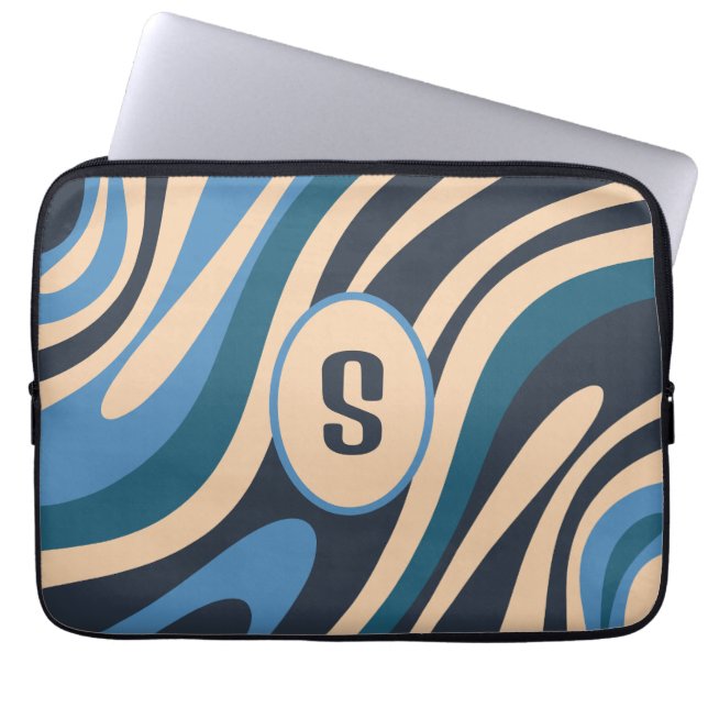 Wavy Loops Retro Abstract Pattern Initial Blue  Laptop Sleeve (Front)