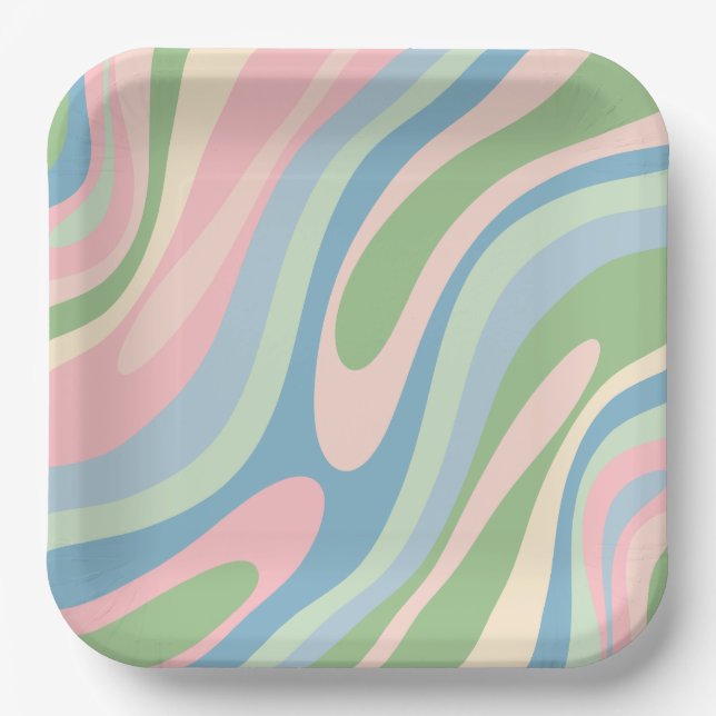 Wavy Loops Retro Abstract Pattern Pastel Blue Pink Paper Plates (Front)