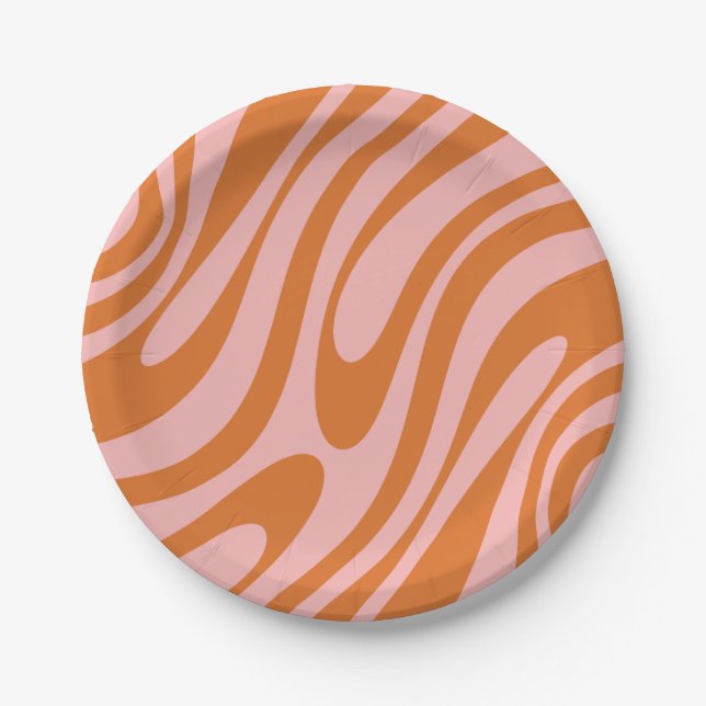 Wavy Loops Retro Abstract Pattern Pink Orange Paper Plates (Front)