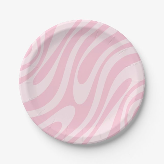 Wavy Loops Retro Abstract Pattern Pink  Paper Plates (Front)