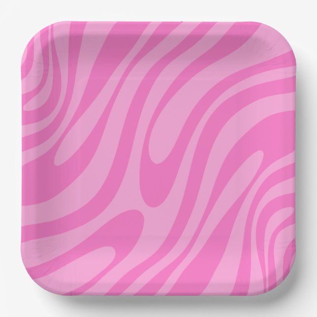 Wavy Loops Retro Abstract Y2K Pink Pattern Paper Plates (Front)