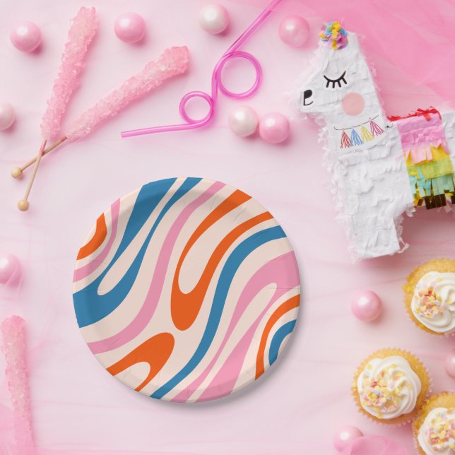 Wavy Loops Retro Modern Abstract Pattern Blue Pink Paper Plates (Party)