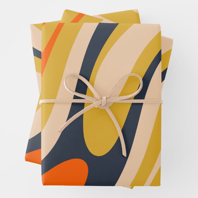 Wavy Loops Retro Modern Abstract Pattern Mustard Wrapping Paper Sheets (In situ)