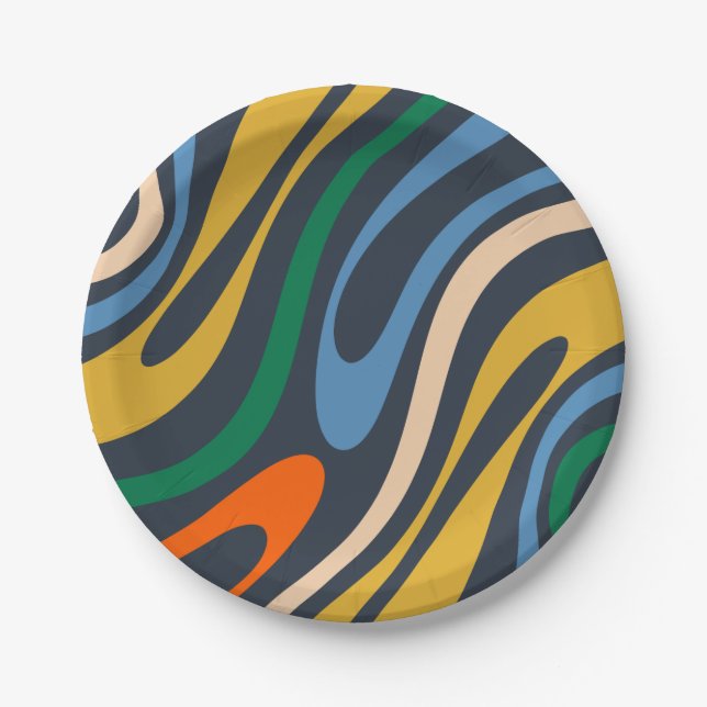 Wavy Loops Retro Modern Abstract Pattern Paper Plates (Front)