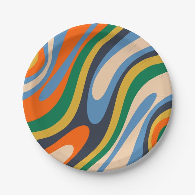 Wavy Loops Retro Multi-Color Abstract Pattern Paper Plates (Front)