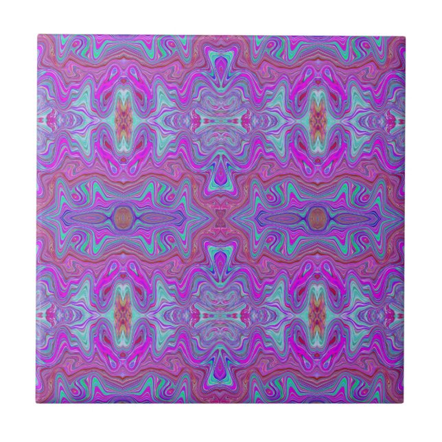 Wavy Magenta and Blue Trippy Marbled Pattern Ceramic Tile (Front)