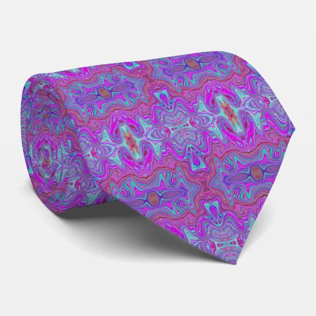 Wavy Magenta and Blue Trippy Marbled Pattern Neck Tie (Rolled)