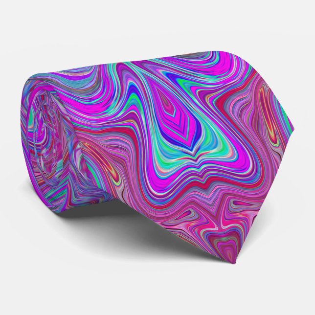 Wavy Magenta and Blue Trippy Marbled Pattern Neck Tie (Rolled)