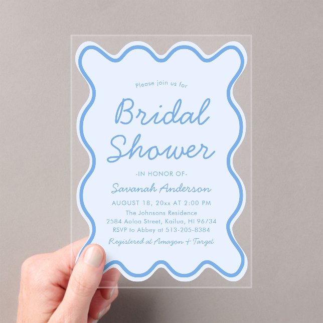 Wavy Modern Curvy Bold Dusty Blue Bridal Shower Acrylic Invitations (Insitu (Handheld))