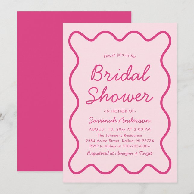 Wavy Modern Curvy Bold Hot Pink Bridal Shower Invitation (Front/Back)