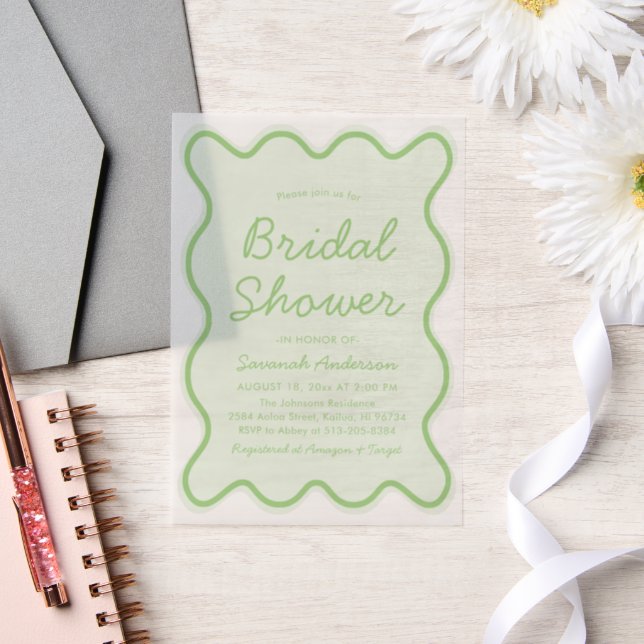 Wavy Modern Curvy Bold Lime Green Bridal Shower Vellum Invitations (Wedding)