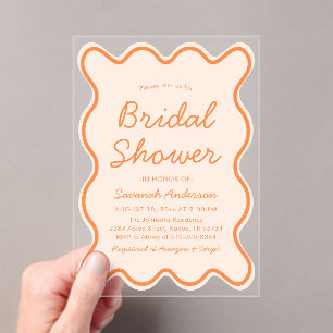 Wavy Modern Curvy Bold Peach Fuzz Bridal Shower Acrylic Invitations