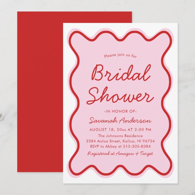 Wavy Modern Curvy Bold Pink and Red Bridal Shower Invitation (Front/Back)