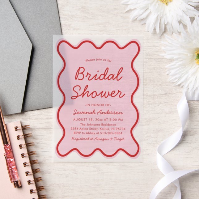 Wavy Modern Curvy Bold Pink and Red Bridal Shower Vellum Invitations (Wedding)