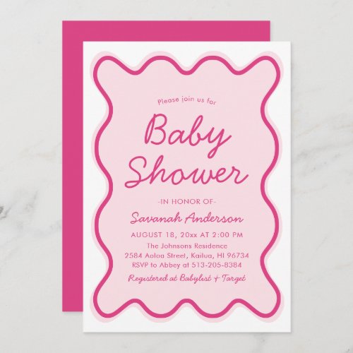 Wavy Modern Curvy Bold Retro Pink Baby Shower Invitation