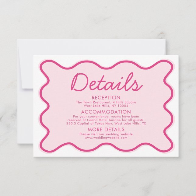 Wavy Modern Curvy Bold Retro Pink Wedding Details Invitation (Front)
