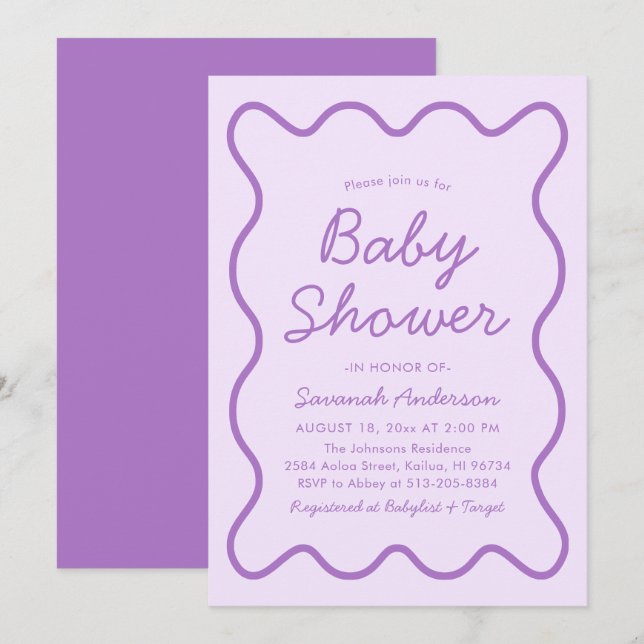 Wavy Modern Curvy Bold Retro Purple Baby Shower Invitation (Front/Back)
