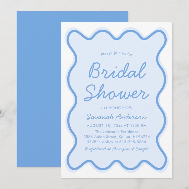 Wavy Modern Curvy Bold Squiggle Blue Bridal Shower Invitation (Front/Back)