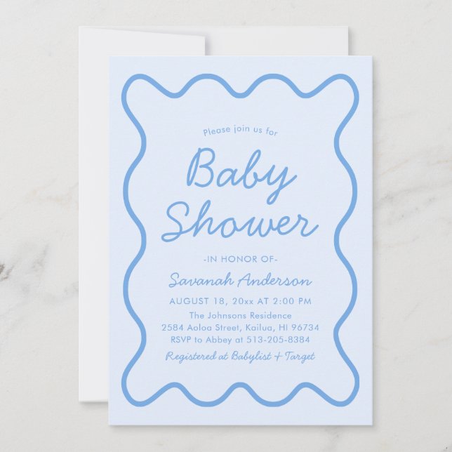 Wavy Modern Curvy Retro Boy Dusty Blue Baby Shower Invitation (Front)
