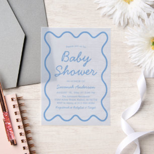 Wavy Modern Curvy Retro Boy Dusty Blue Baby Shower Vellum Invitations