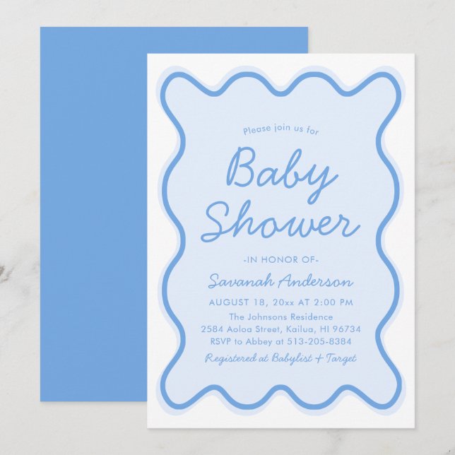 Wavy Modern Curvy Retro Dusty Blue Baby Shower Invitation (Front/Back)