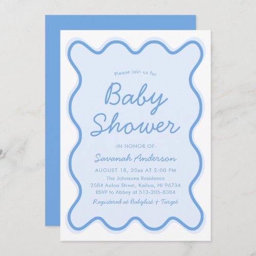 Wavy Modern Curvy Retro Dusty Blue Baby Shower Invitation