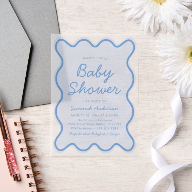 Wavy Modern Curvy Retro Dusty Blue Baby Shower Vellum Invitations (Wedding)