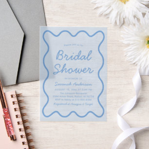 Wavy Modern Curvy Retro Dusty Blue Bridal Shower Vellum Invitations