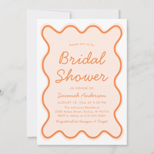 Wavy Modern Curvy Retro Peach Fuzz Bridal Shower Invitation (Front)