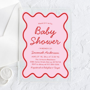 Wavy Modern Curvy Retro Pink and Red Baby Shower Acrylic Invitations