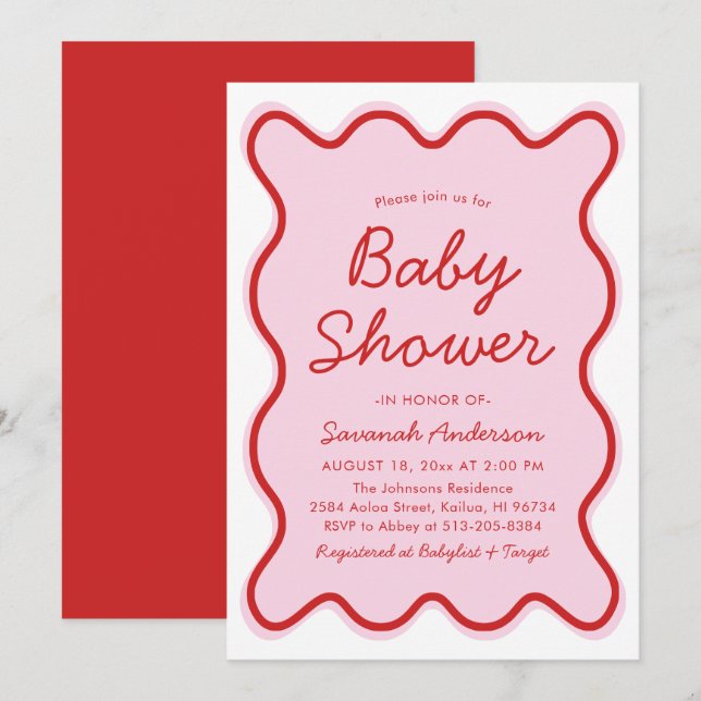 Wavy Modern Curvy Retro Pink and Red Baby Shower Invitation (Front/Back)