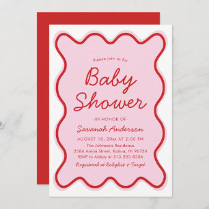 Wavy Modern Curvy Retro Pink and Red Baby Shower Invitation