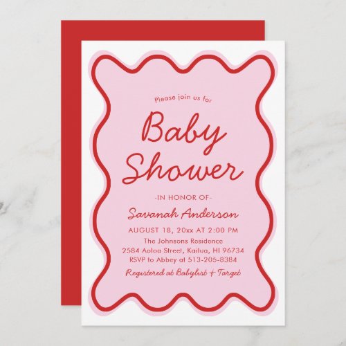 Wavy Modern Curvy Retro Pink and Red Baby Shower Invitation