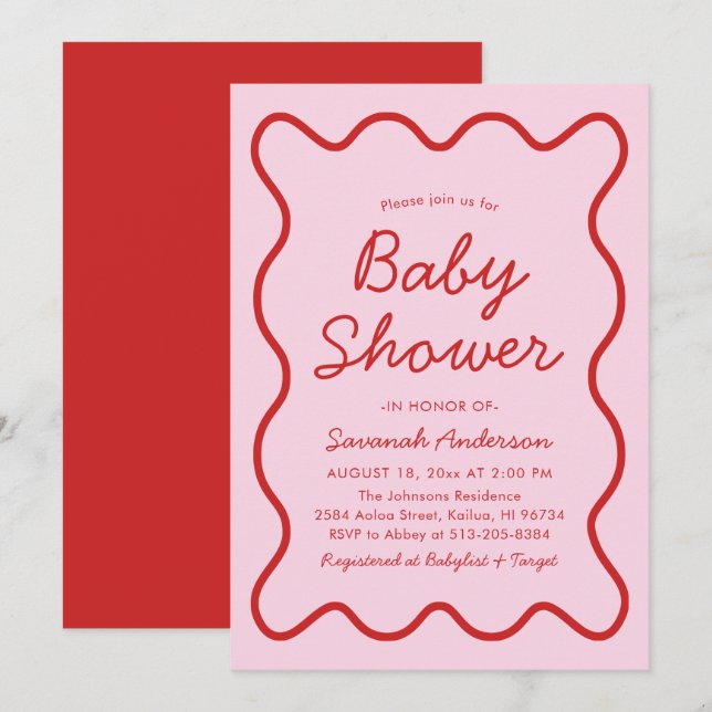 Wavy Modern Curvy Retro Pink and Red Baby Shower Invitation (Front/Back)