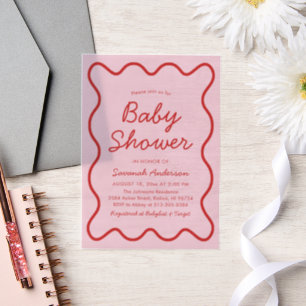 Wavy Modern Curvy Retro Pink and Red Baby Shower Vellum Invitations