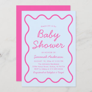 Wavy Modern Curvy Retro Pink Blue Baby Shower Invitation