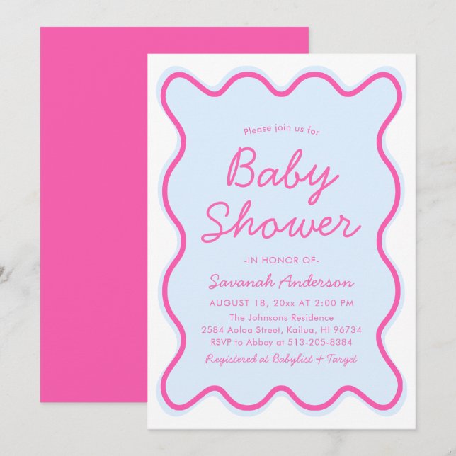 Wavy Modern Curvy Retro Pink Blue Baby Shower Invitation (Front/Back)