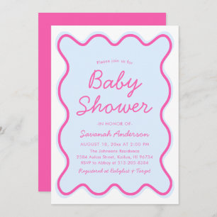 Wavy Modern Curvy Retro Pink Blue Baby Shower Invitation