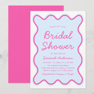 Wavy Modern Curvy Retro Pink Blue Bridal Shower Invitation