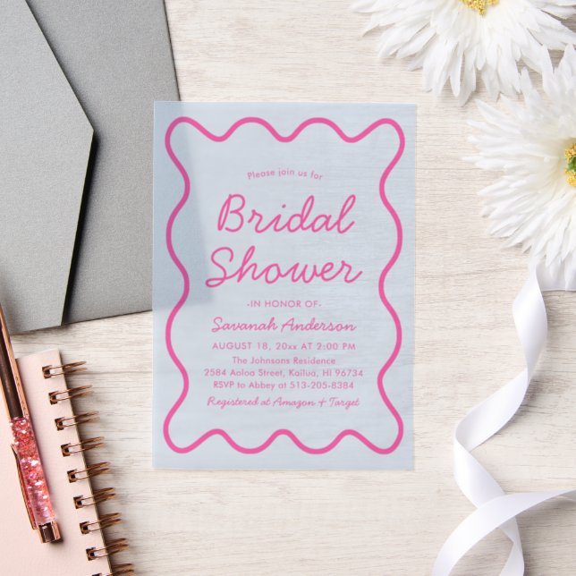 Wavy Modern Curvy Retro Pink Blue Bridal Shower Vellum Invitations (Wedding)