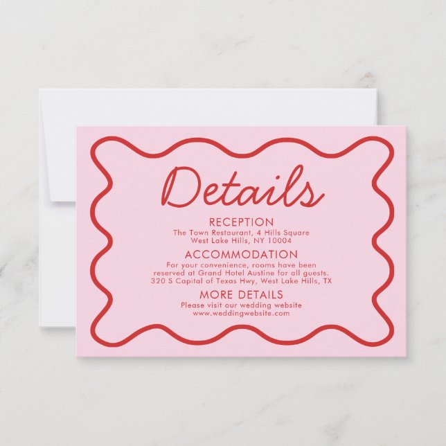 Wavy Modern Curvy Retro Pink Red Wedding Details Invitation (Front)