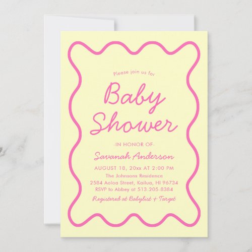 Wavy Modern Curvy Retro Pink Yellow Baby Shower Invitation