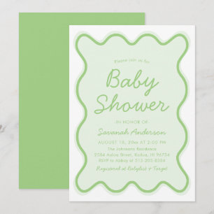 Wavy Modern Curvy Retro Sage Green Baby Shower Invitation