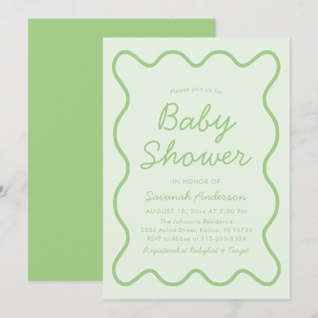 Wavy Modern Curvy Retro Sage Green Baby Shower Invitation (Front/Back)