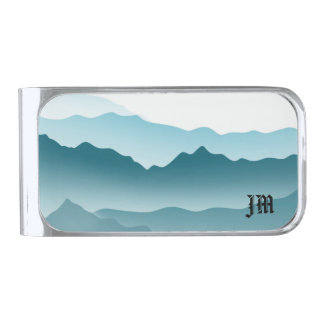Wavy Mountains Teal Blue Gradient Monogram Silver Finish Money Clip