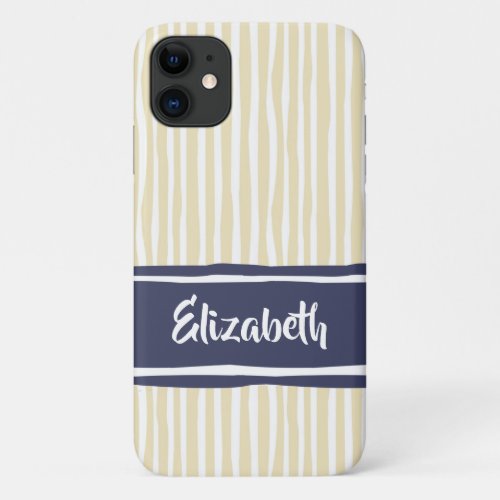 Wavy Painterly Stripes Navy and Cream With Name iPhone 11 Case