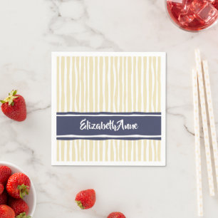 Wavy Painterly Stripes Navy and Cream With Name Napkins